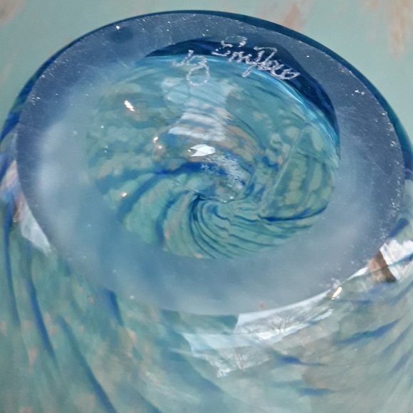 Murano Glass Art Bowl Bubbles Swirls of Blue Glass Clear Signed by Artist italy - Picture 5 of 16